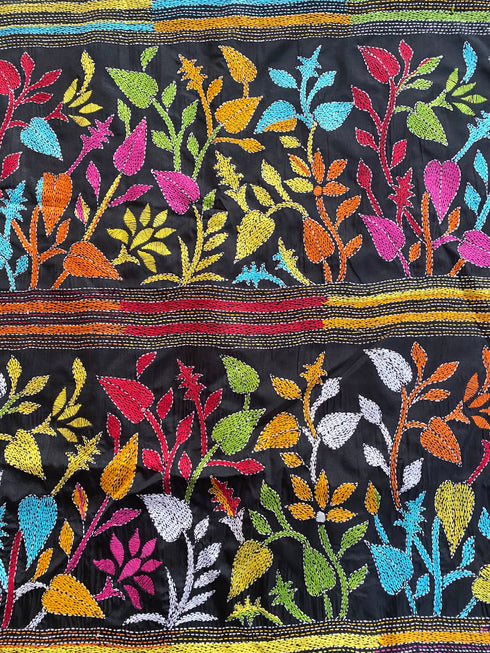 Black floral Kantha Silk Saree from Bengal